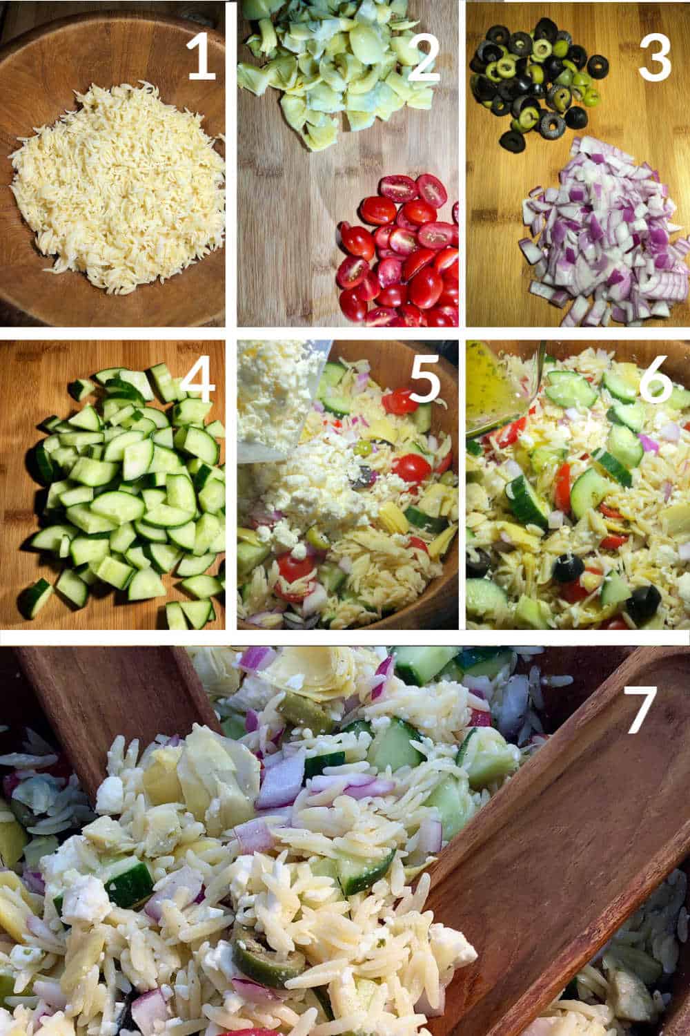 a collection of images showing the steps to make summer pasta salad with orzo