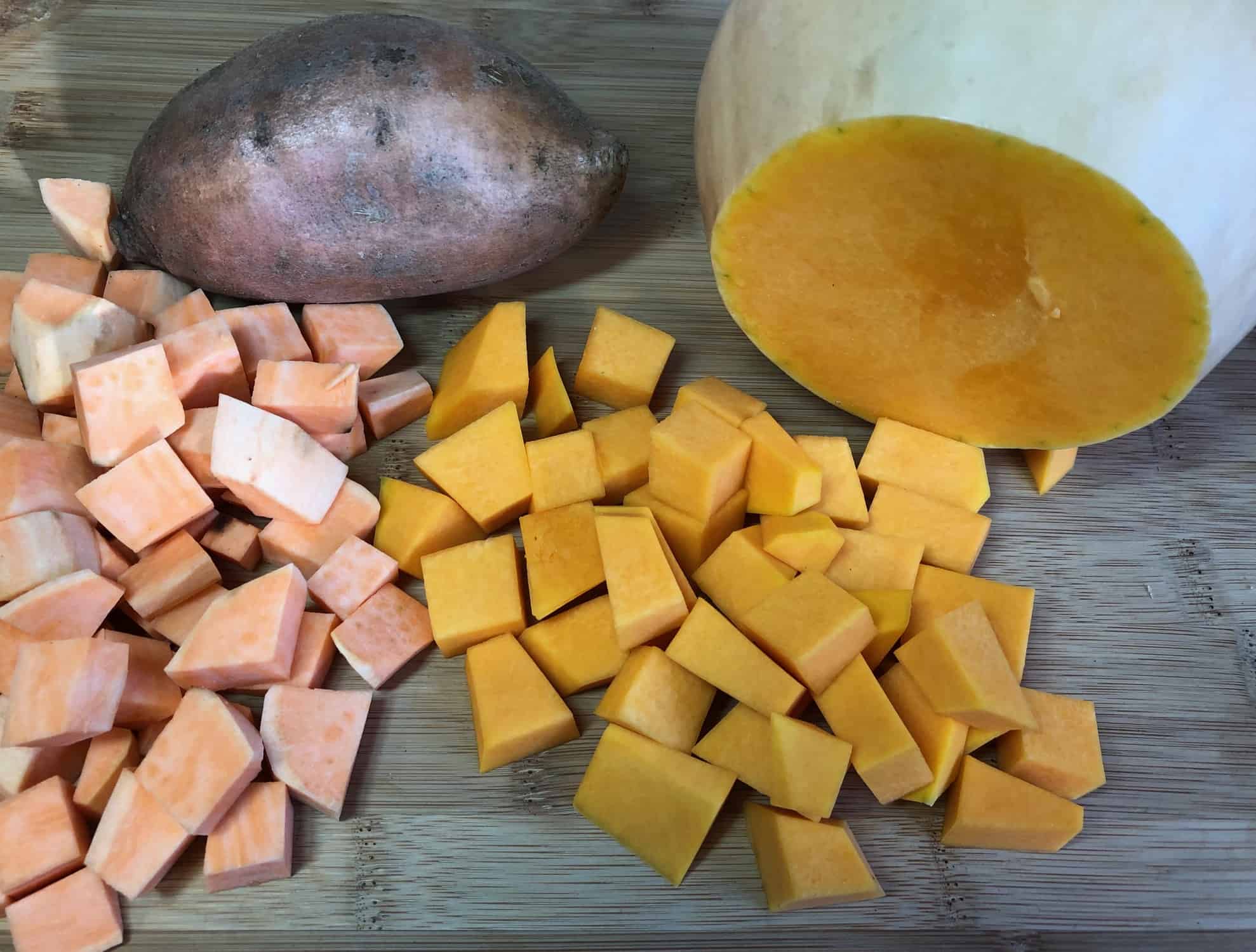 cut up sweet potatoes and squash