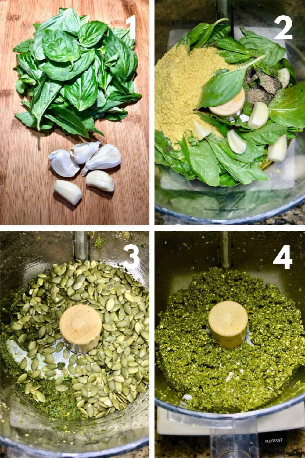 a collection of process shots showing the steps to making pesto
